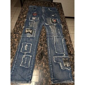 Rebel Vengeance Men Distressed Patched  Skull Jeans  Size 34